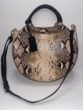 Sole Society Python Print Beige and Black Snakeskin Round Crossbody, Handbag